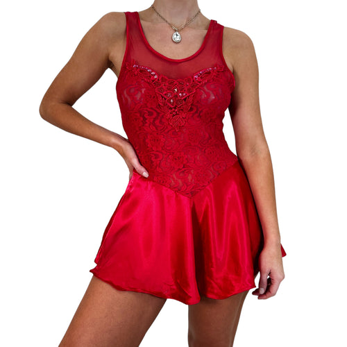 90s Vintage Red Floral Lace Sequin Mini Slip Dress [S]
