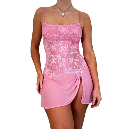 Y2k Vintage Pink Floral Lace V-Neck Mini Slip Dress [S]