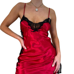 90s Vintage Red + Black Satin Mini Slip Dress [S]