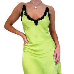 90s Rare Vintage Green + Black Silk Mini Slip Dress [L]