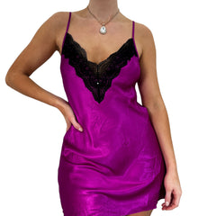 90s Vintage Victoria's Secret Purple + Black V-Neck Mini Slip Dress [M]