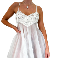 Y2k Vintage White Floral Sheer Mini Slip Dress [S]
