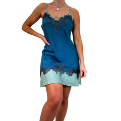 Y2k Vintage Blue Floral Embroidered Mini Slip Dress [L]