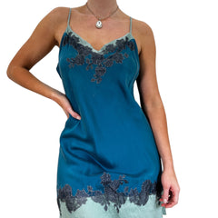 Y2k Vintage Blue Floral Embroidered Mini Slip Dress [L]