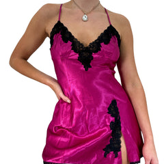 Y2k Vintage Frederick's of Hollywood Pink + Black Floral V-Neck Mini Slip Dress [M]