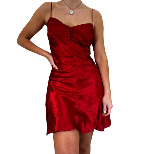 90s Vintage Red Satin Mini Slip Dress [L]