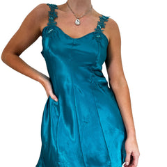 Y2k Vintage Teal Blue Satin Mini Slip Dress [S]