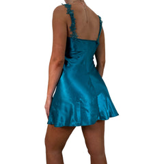 Y2k Vintage Teal Blue Satin Mini Slip Dress [S]