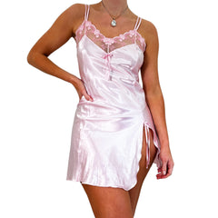 Y2k Vintage Pink Satin Side Slit Mini Slip Dress [S]