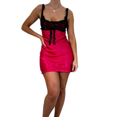 Y2k Vintage Pink + Black Lace Floral Satin Mini Slip Dress [S]
