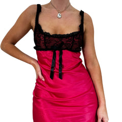 Y2k Vintage Pink + Black Lace Floral Satin Mini Slip Dress [S]