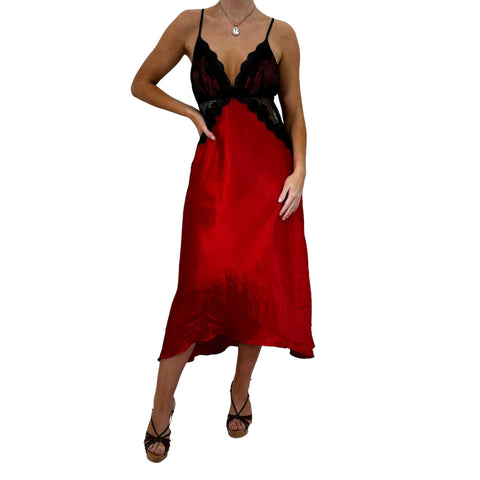 90s Vintage Red + Black Satin Mini Slip Dress [S]