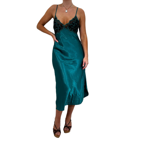 90s Vintage Victoria's Secret Gold Label Emerald Green Sheer Slip Dress [M]