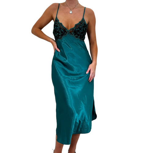 Y2k Vintage Emerald Green Satin V-Neck Slip Maxi Dress [S]