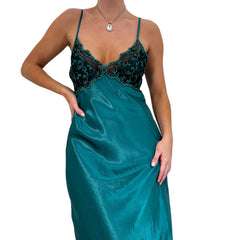 Y2k Vintage Emerald Green Satin V-Neck Slip Maxi Dress [S]