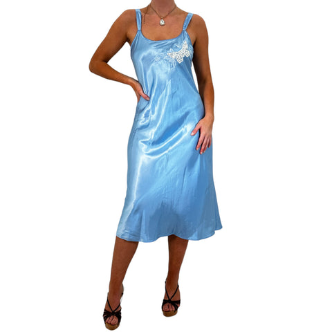 90s Vintage Blue V-Neck Slip Maxi Dress [M]