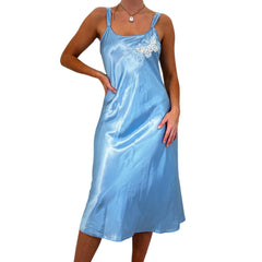 90s Vintage Blue Satin Butterfly Slip Midi Dress [S, M]