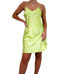 Y2k Vintage Green Floral Embroidered Satin Slip Mini Dress [M]