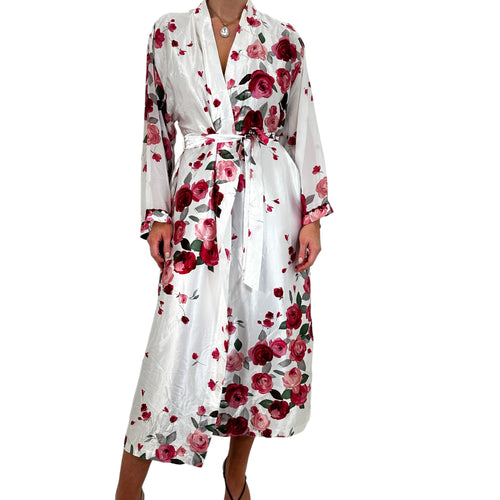 Y2k Vintage White + Red Floral Satin Maxi Robe [M]