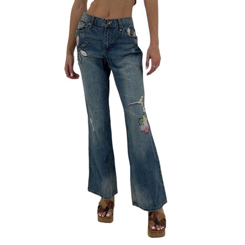Y2k Vintage Floral Jeans Butterfly Embroidered [XS]