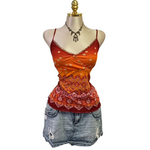 90s Vintage White Mesh W/ Black Red Beige Tie-dye Lining Top  [L]