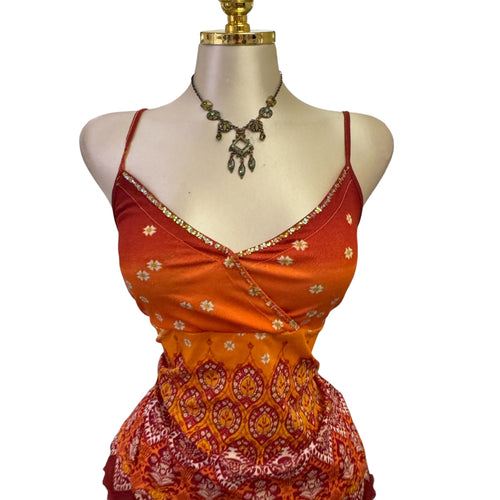 90s Vintage Red Orange Paisley Beads Daisies Top  [L]