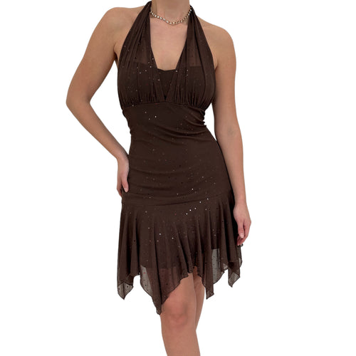 Y2k Vintage Brown Glitter Halter Asymmetrical Hem Dress [M]