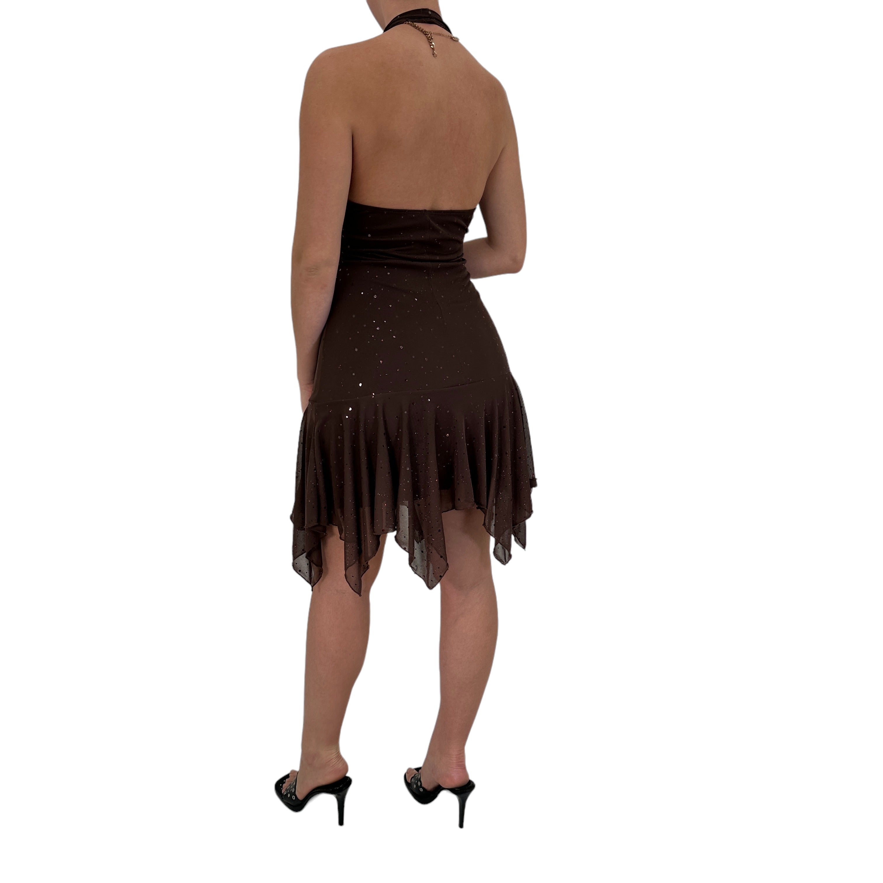 Y2k Vintage Brown Glitter Halter Asymmetrical Hem Dress [M]
