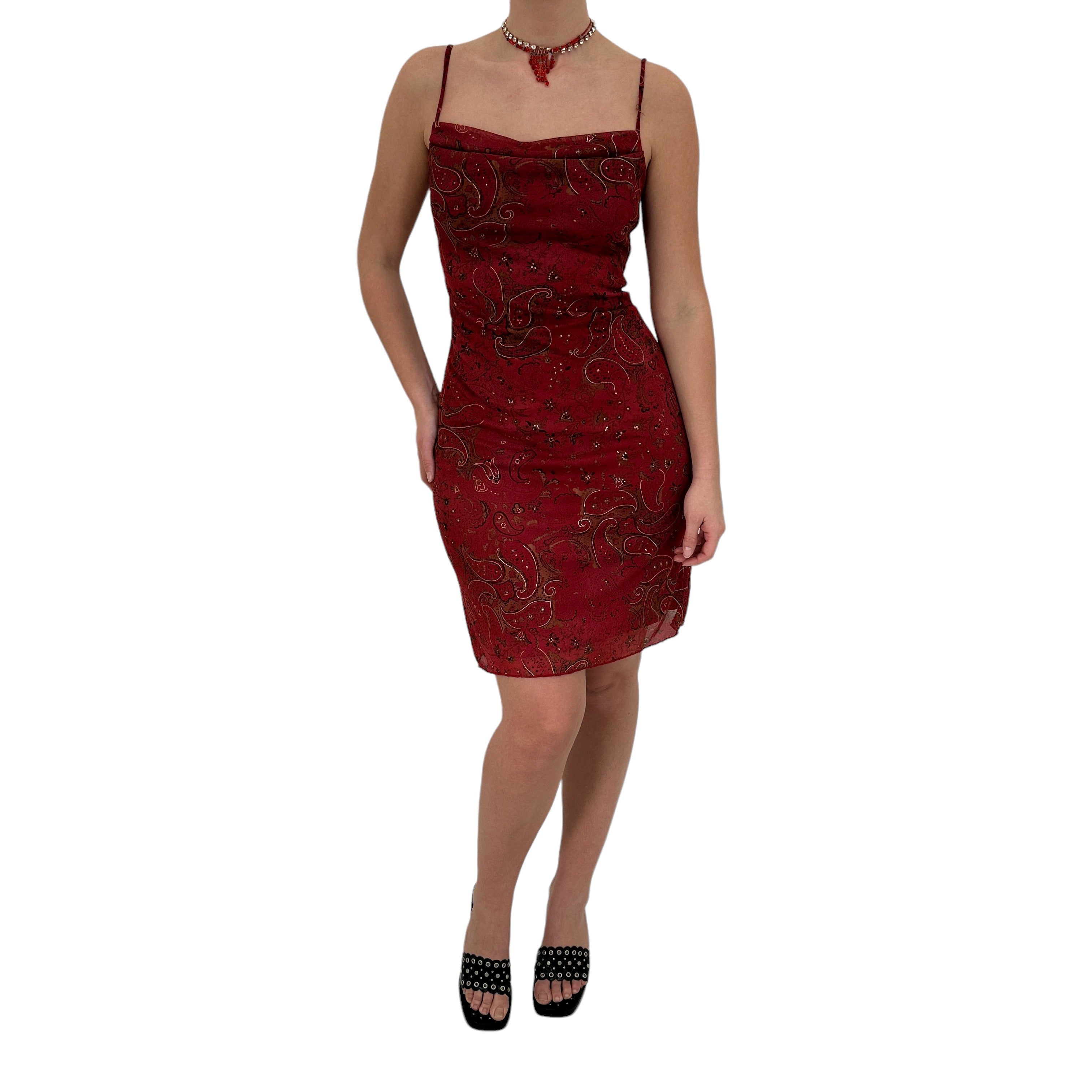 Y2k Vintage Red Paisley Cowl Neck Dress [M]