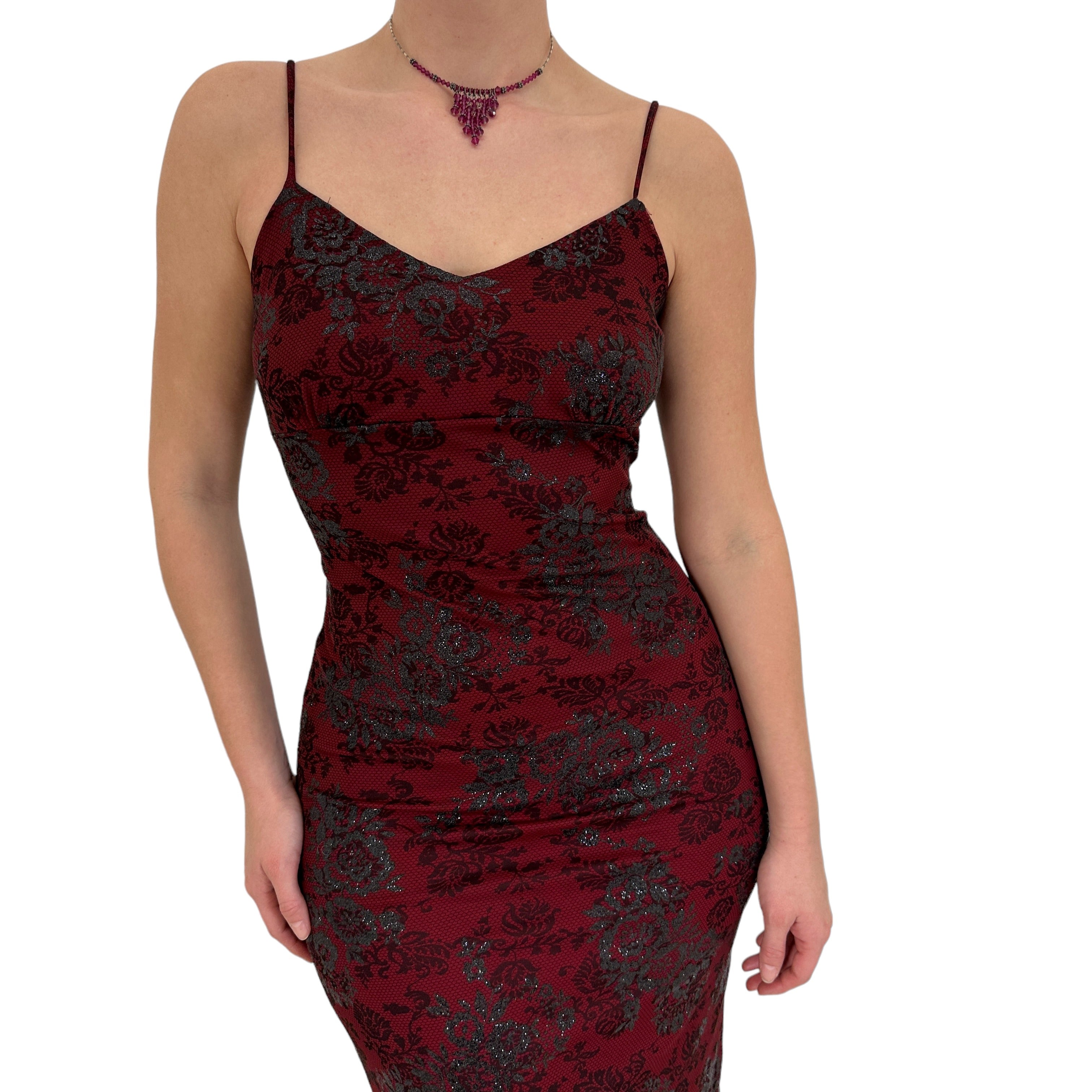 Y2k Vintage Red + Black Floral Glitter Maxi Dress [S]