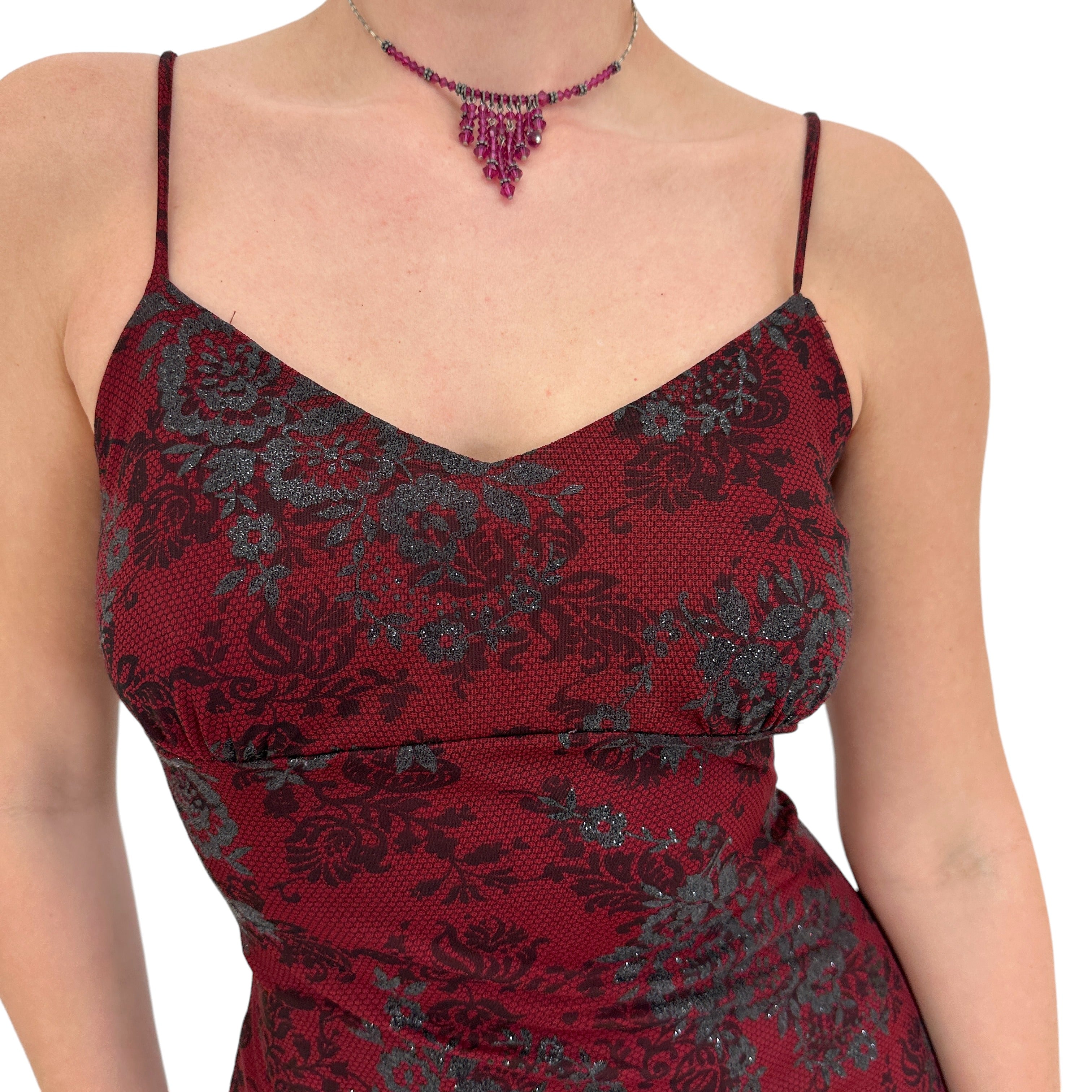 Y2k Vintage Red + Black Floral Glitter Maxi Dress [S]