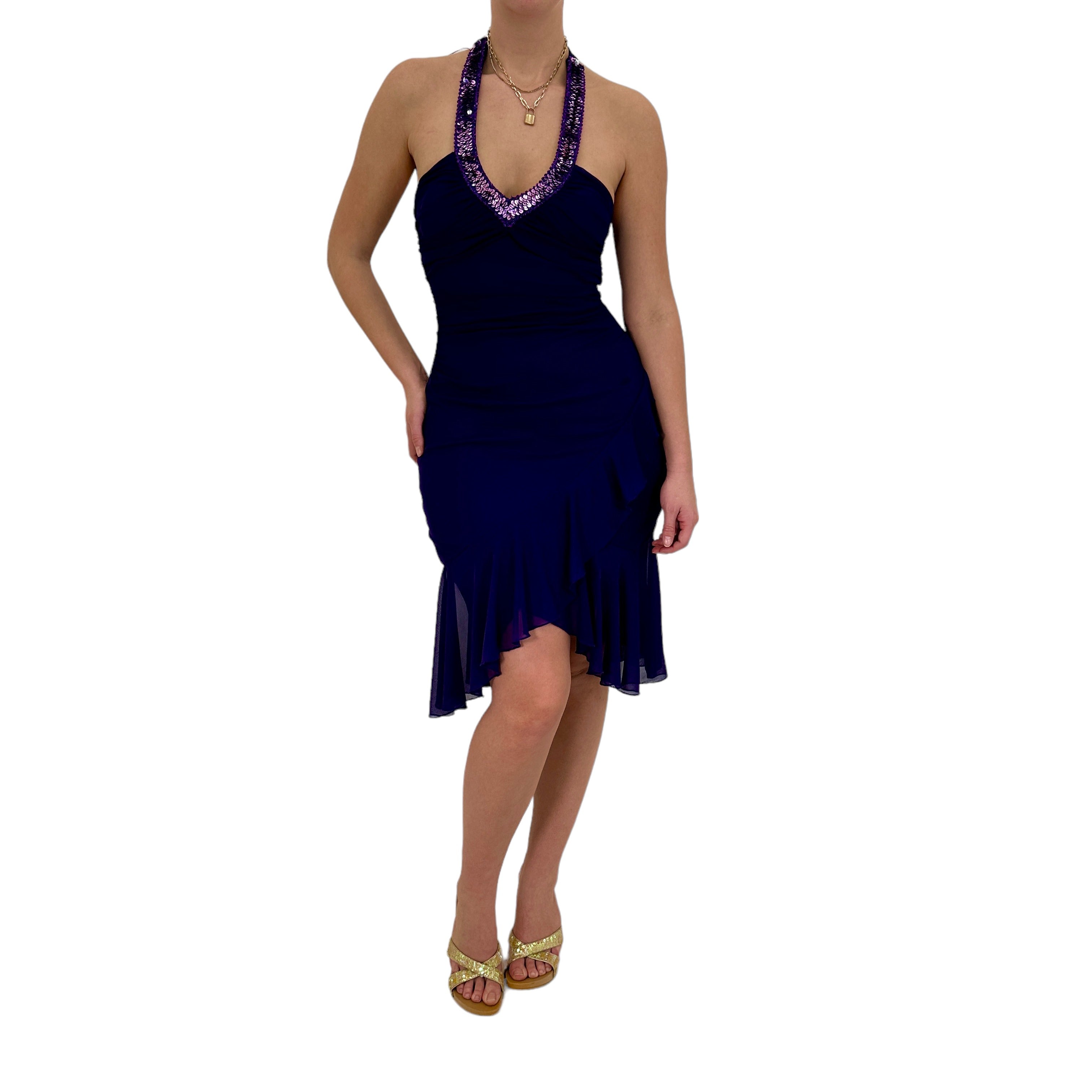 Y2k Vintage Purple Sequin Asymmetrical Halter Dress [S]