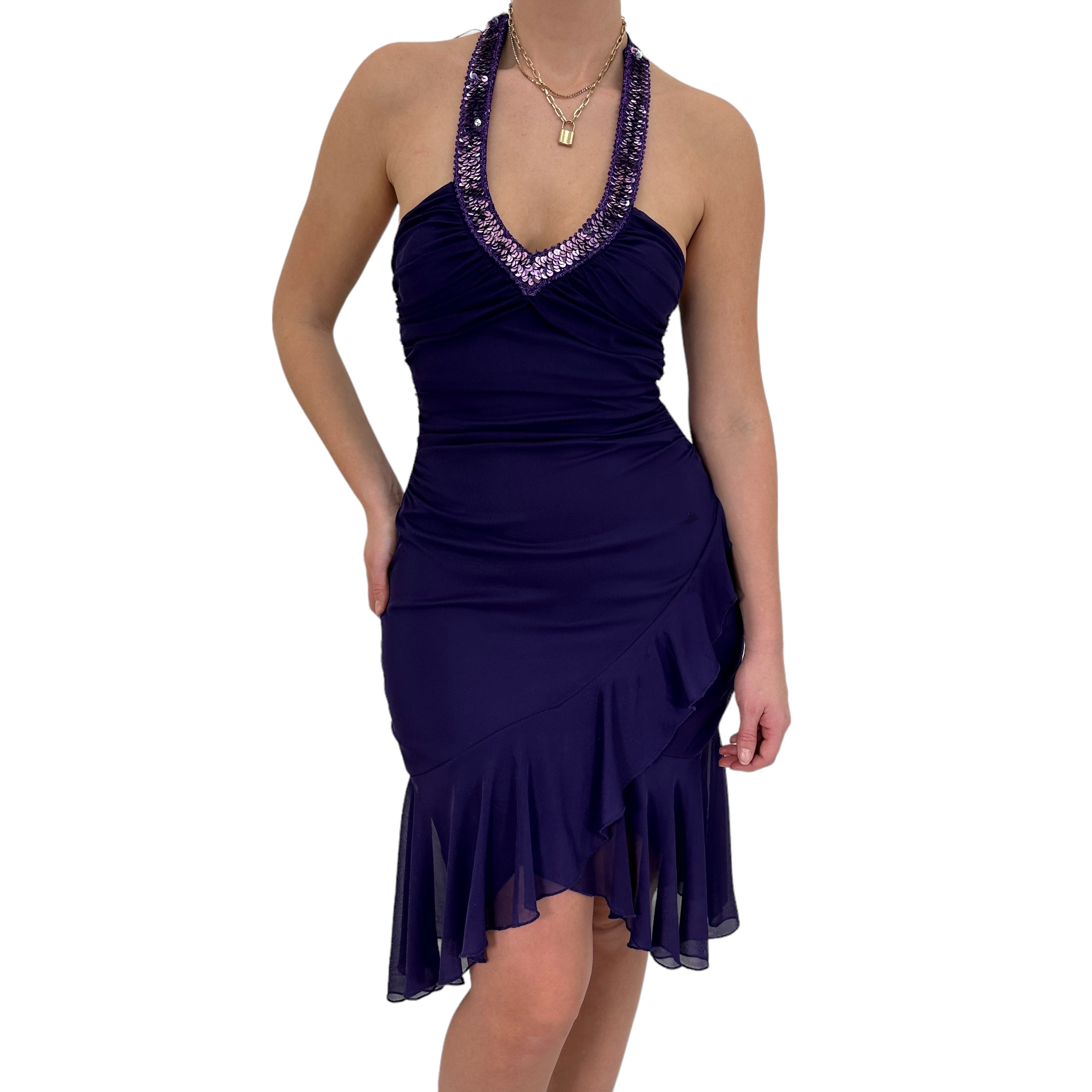 Y2k Vintage Purple Sequin Asymmetrical Halter Dress [S]