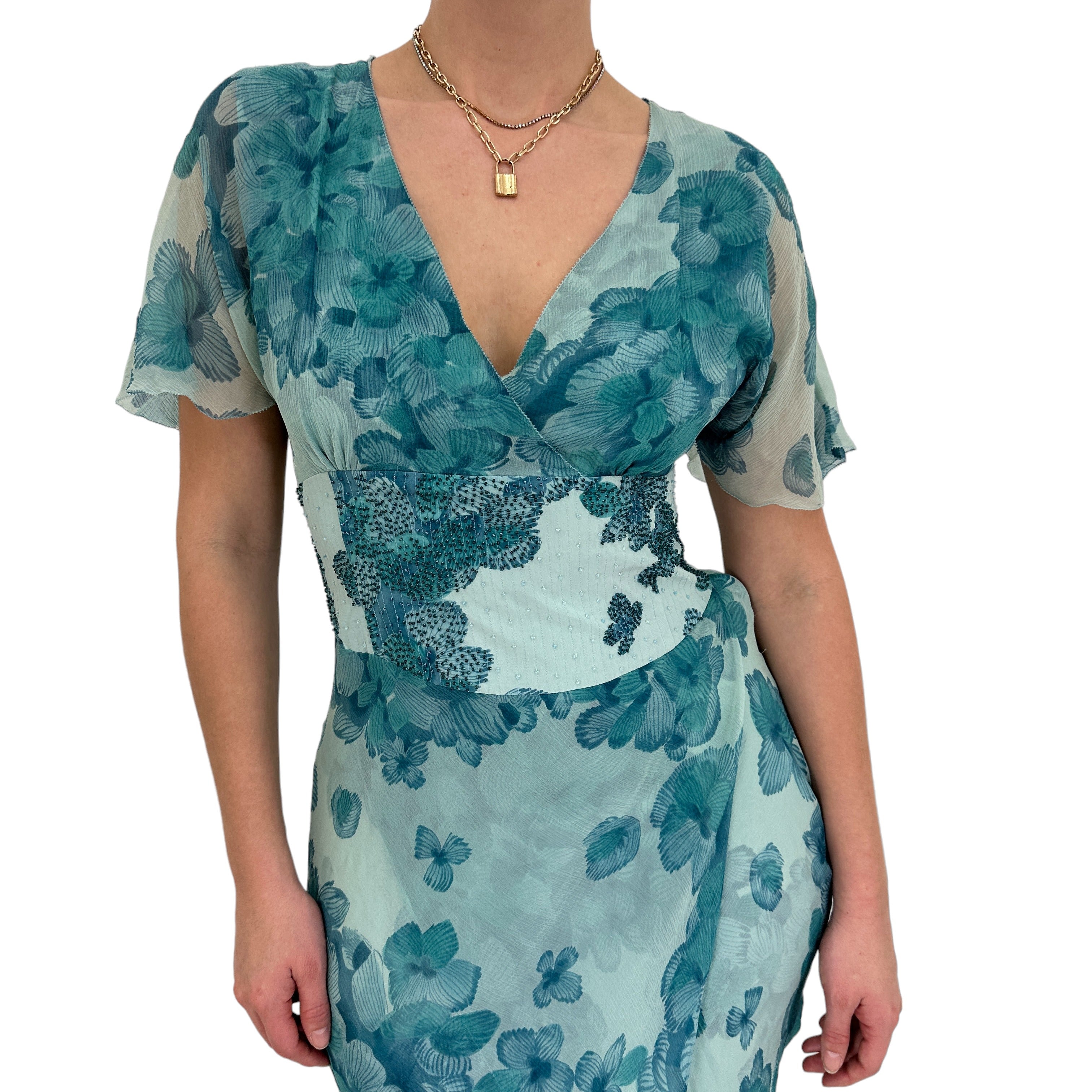 Y2k Vintage Blue Floral Silk A-Line Dress [M]
