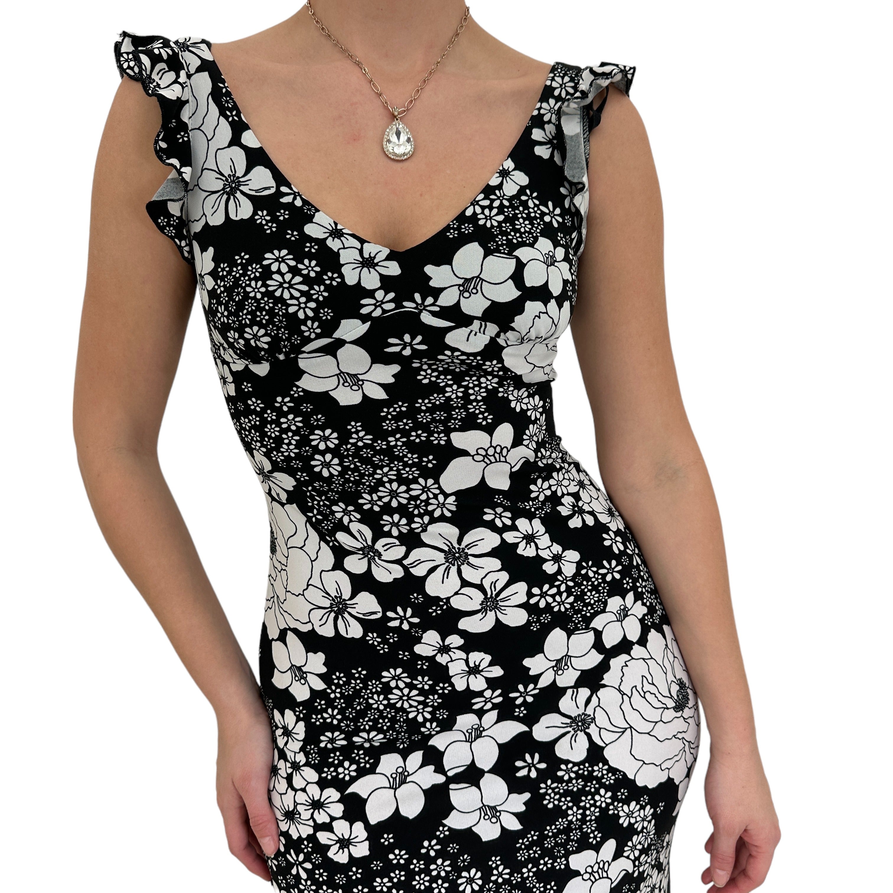 Y2k Vintage Black + White Floral Bodycon Dress [S]