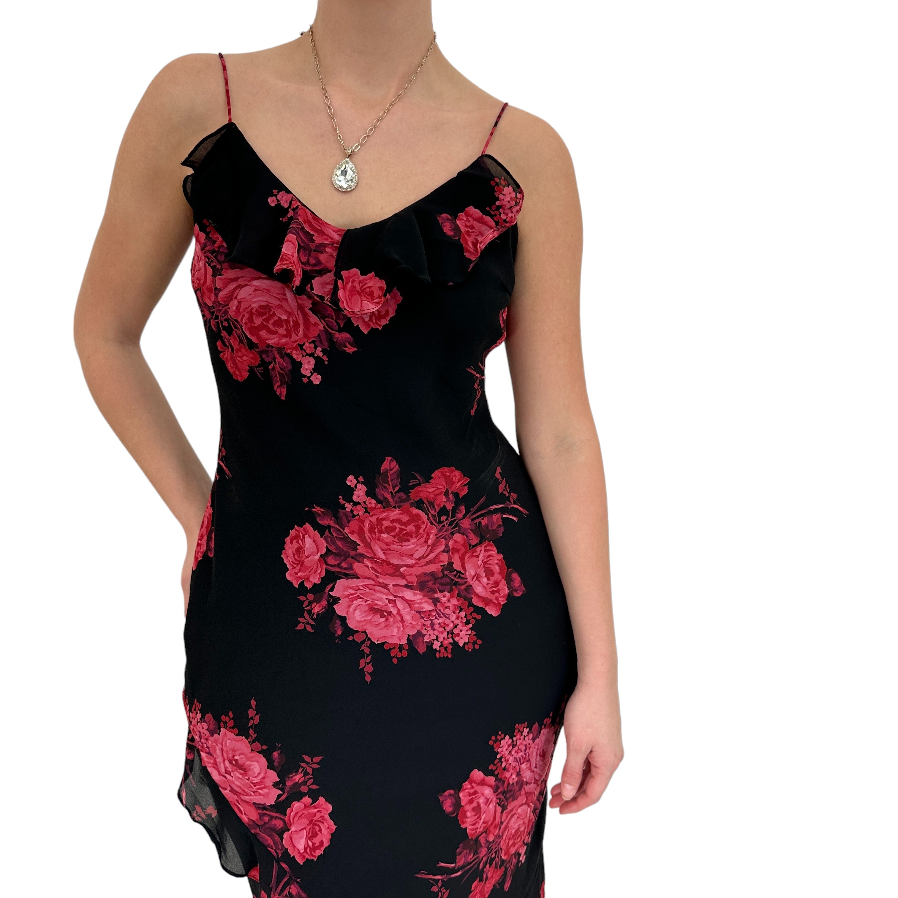 Y2k Vintage Black + Pink Floral Asymmetrical Hem Dress [S]