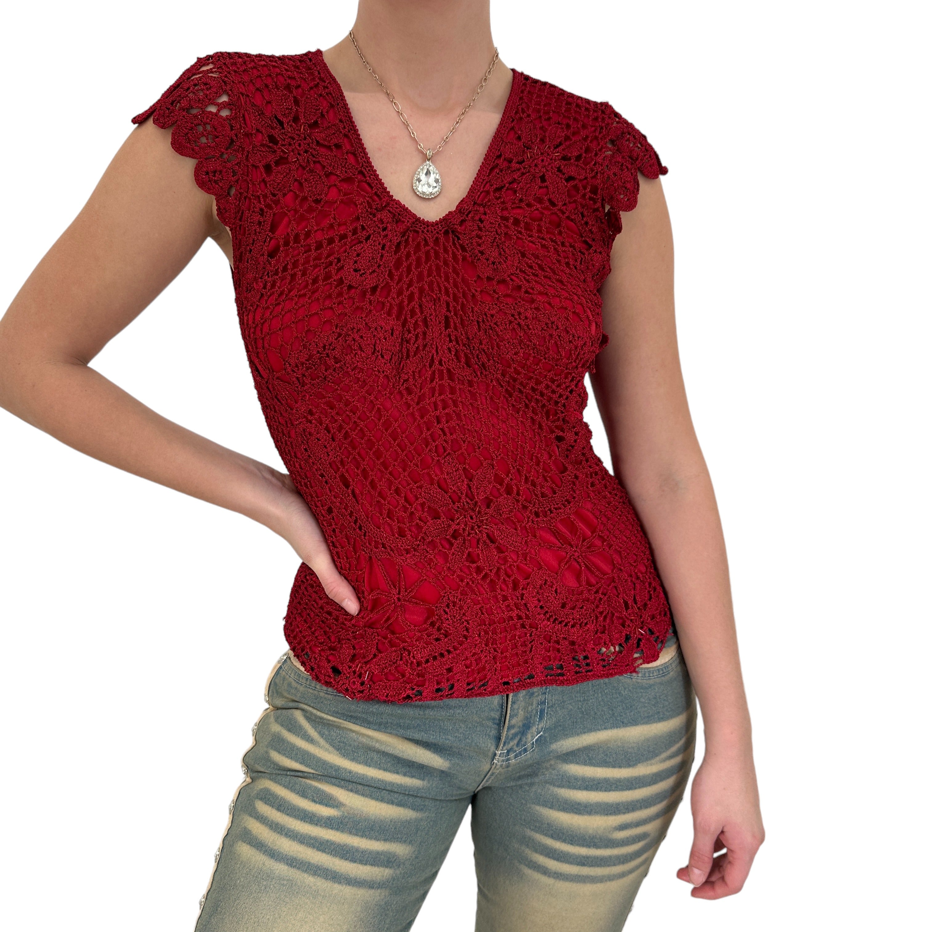 Y2k Vintage Red Crochet V-Neck Top [M]