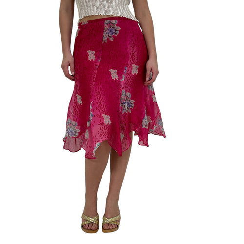 Y2k Vintage Pink Silk Floral Asymmetrical Hem Skirt [L]