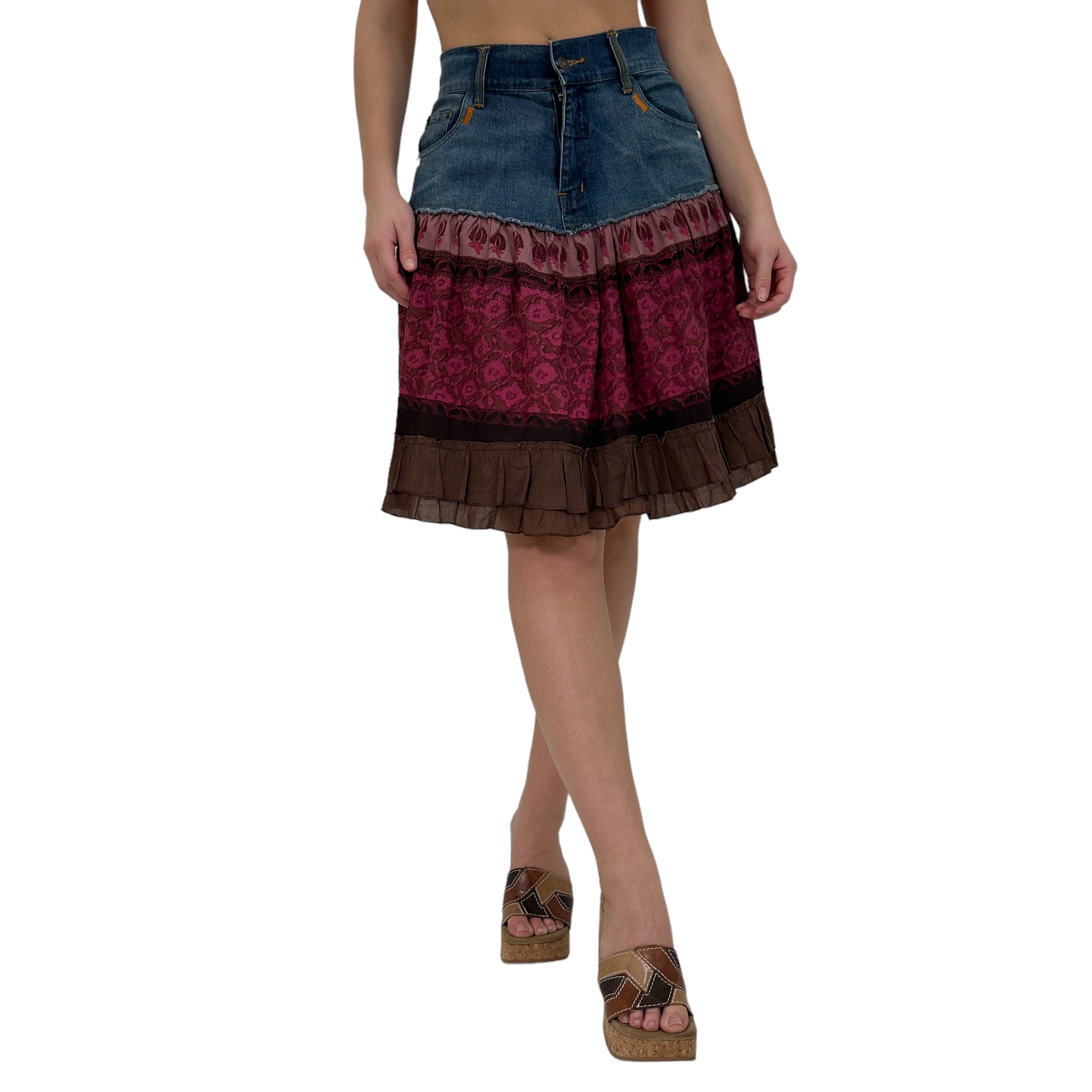 Y2k Vintage Blue Pink + Brown Jean Floral Skirt [S]