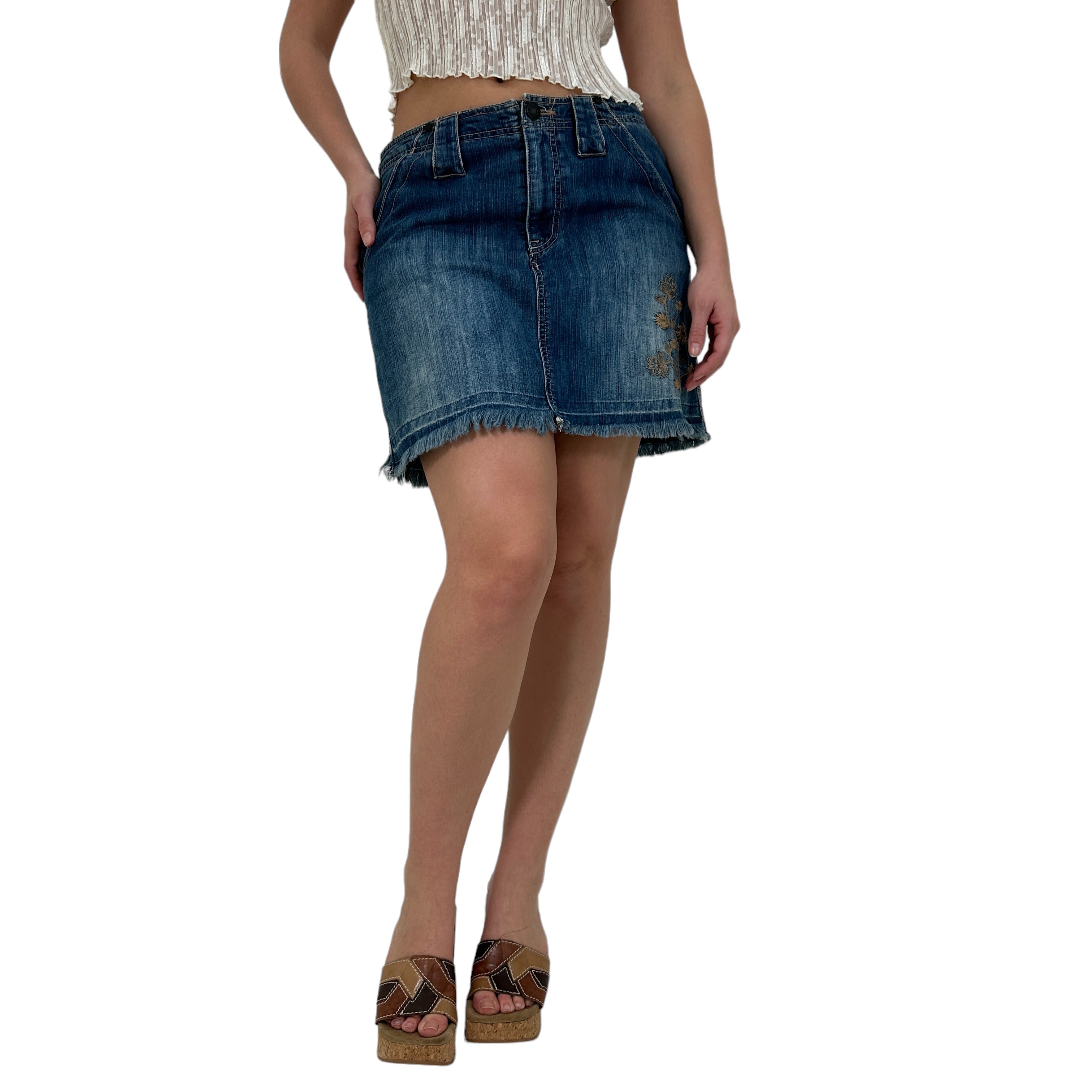 Y2k Vintage Blue Jean Fringe Hem Mini Skirt [L]