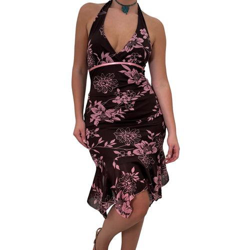 Y2k Vintage Brown + Pink Floral Halter Asymmetrical Hem Dress [S]