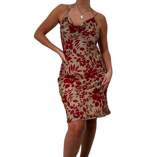 Y2k Vintage Red + Beige Floral Silk Dress [M]