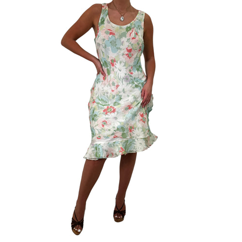 Y2k Vintage Green + White Floral Silk Midi Dress [L]