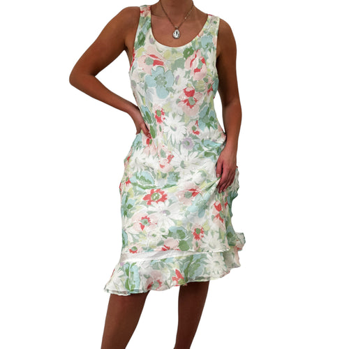 Y2k Vintage Green + White Floral Silk Midi Dress [L]