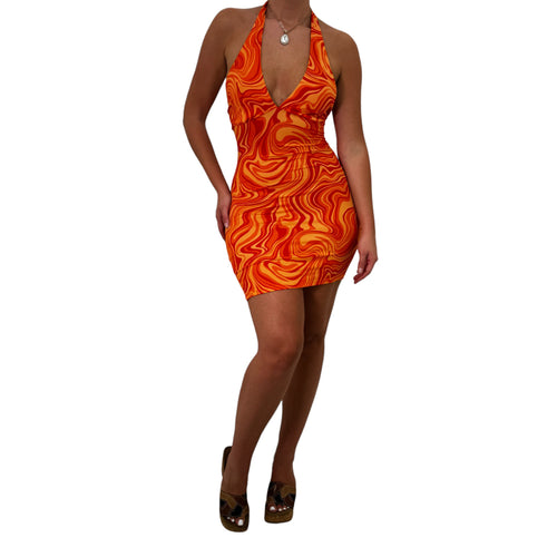 Y2k Vintage Orange Swirl Halter Mini Bodycon Dress [M]