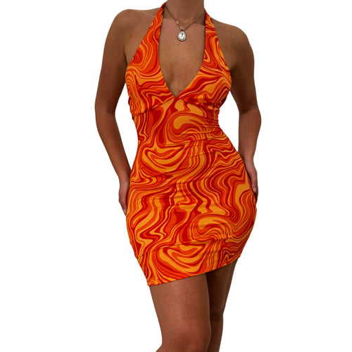 Y2k Vintage Orange Swirl Halter Mini Bodycon Dress [M]