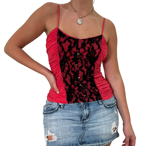 Y2k Vintage Pink + Black Lace Ruched Tank Top [S]