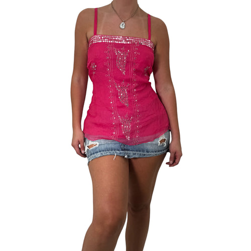 Y2k Vintage Pink Sequin Silk Tank Top [XL]