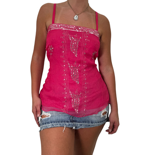 Y2k Vintage Pink Sequin Silk Tank Top [XL]