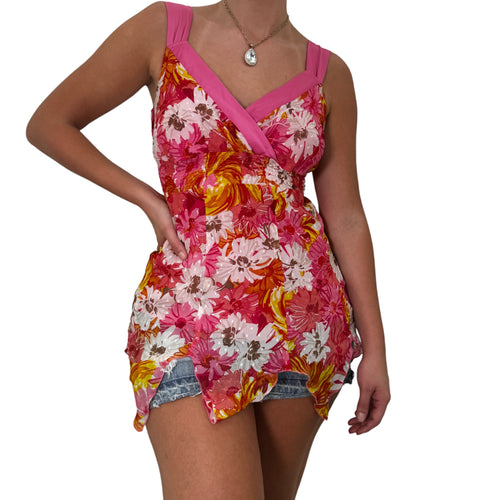 Y2k Vintage Pink Floral Asymmetrical Hem Top [M]